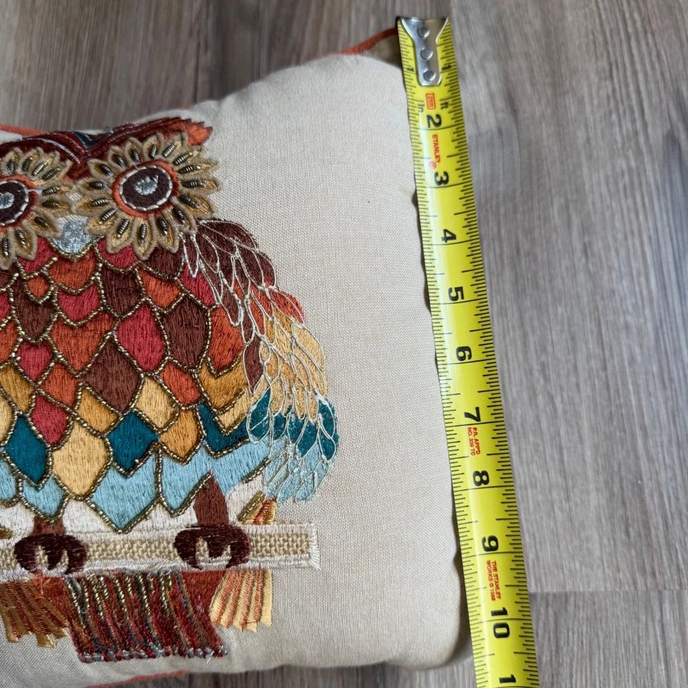 Pier 1 Imports Embroidered Beaded Owl Throw Pillow Boho Accent Small 10